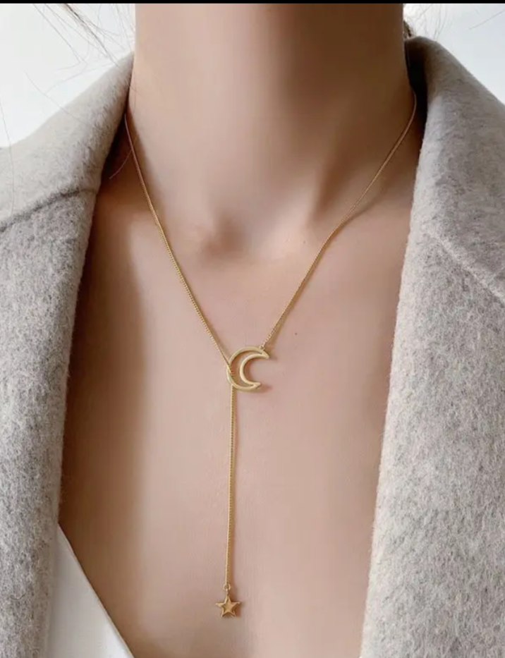 Moon Star Layered Tassel Necklace in 925 Sterling Silver