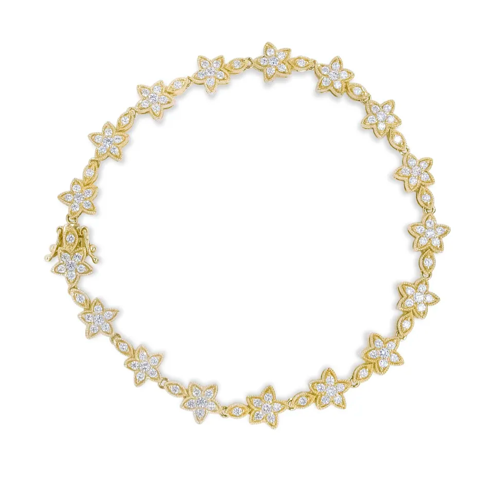 14K Gold 1 1/5 Cttw Round Diamond Floral Star-Shaped Link Bracelet -Size 7"