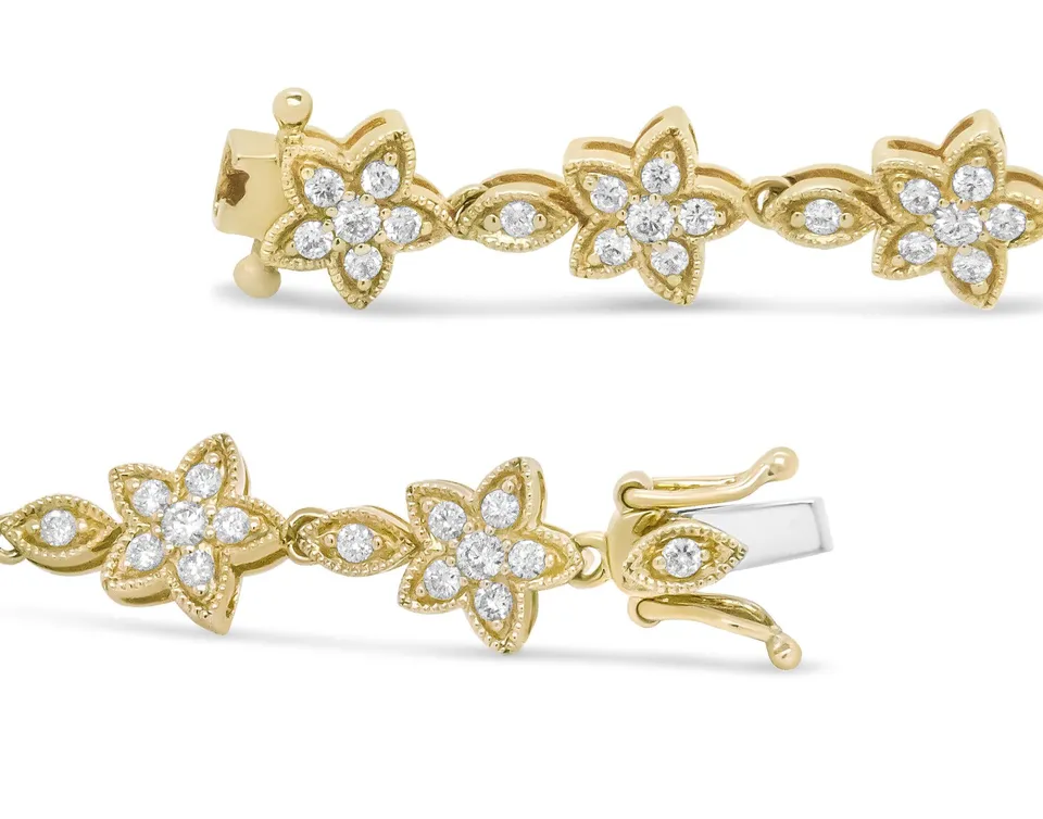 14K Gold 1 1/5 Cttw Round Diamond Floral Star-Shaped Link Bracelet -Size 7"