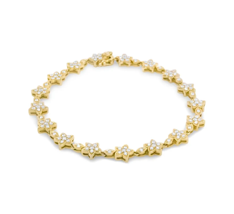 14K Gold 1 1/5 Cttw Round Diamond Floral Star-Shaped Link Bracelet -Size 7"