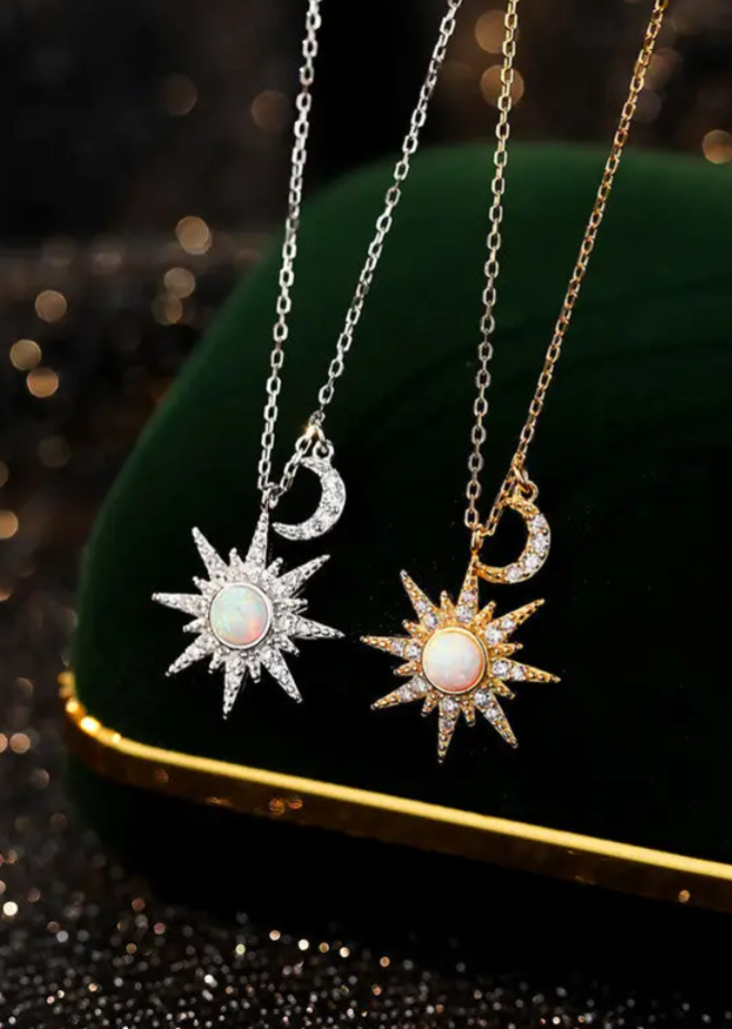 Opal Sun Moon Pendant Necklace in 925 Sterling Silver: Gold