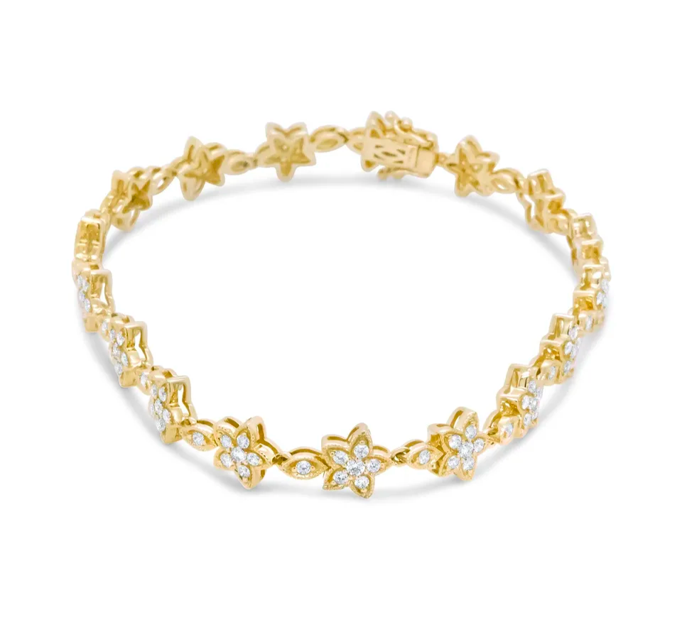 14K Gold 1 1/5 Cttw Round Diamond Floral Star-Shaped Link Bracelet -Size 7"
