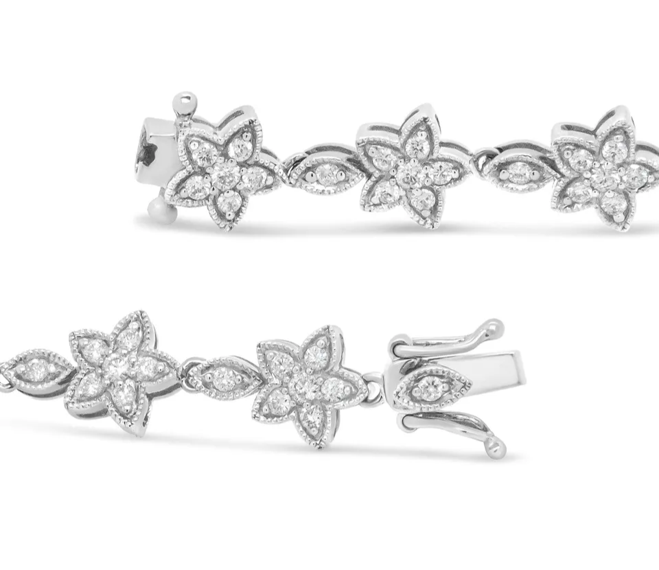 14K Gold 1 1/5 Cttw Round Diamond Floral Star-Shaped Link Bracelet -Size 7"