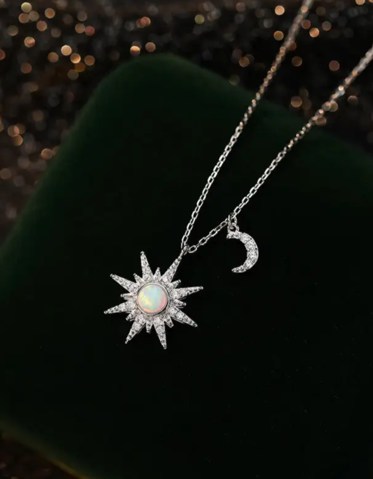 Opal Sun Moon Pendant Necklace in 925 Sterling Silver: Gold
