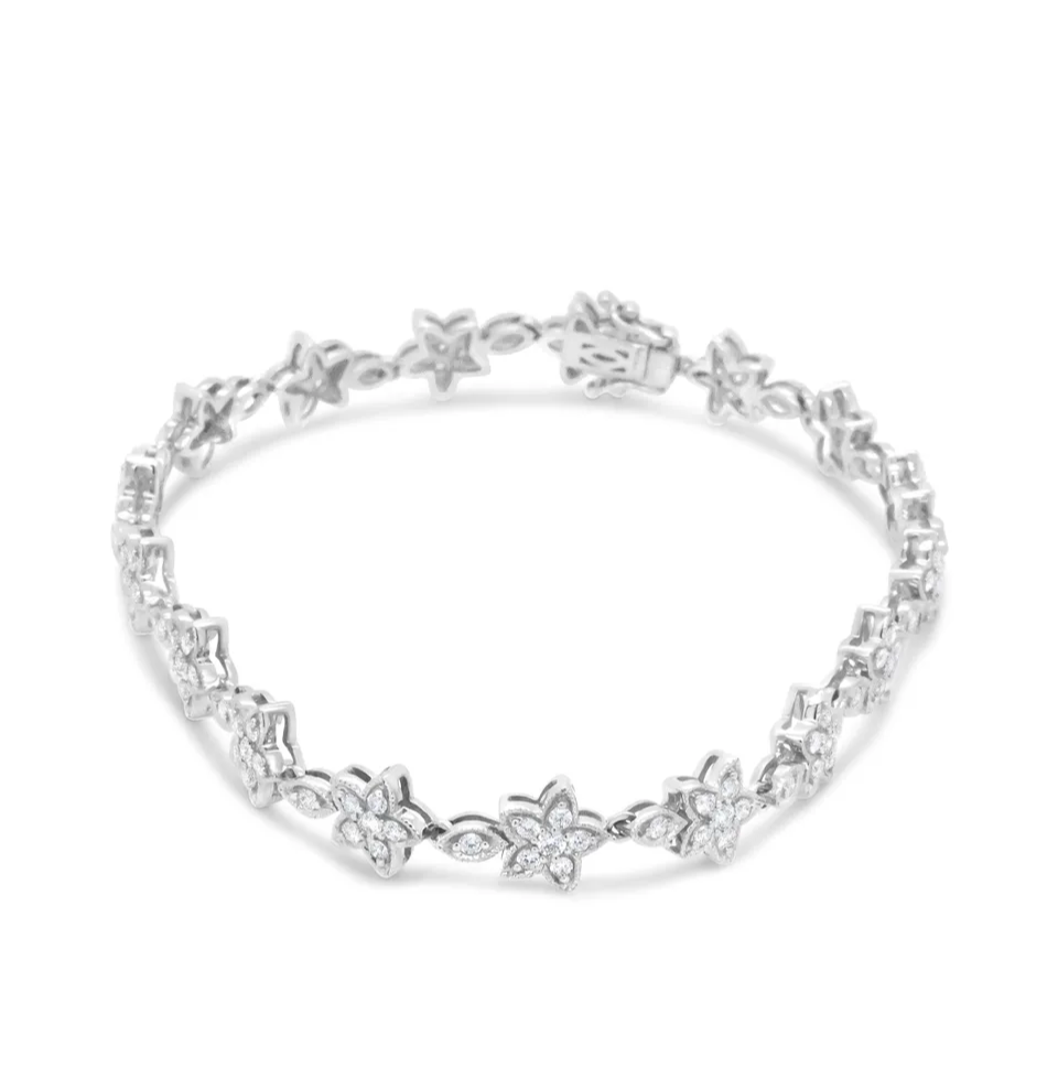 14K Gold 1 1/5 Cttw Round Diamond Floral Star-Shaped Link Bracelet -Size 7"