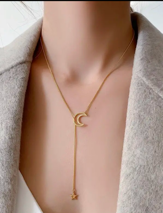 Gold Moon & Star Lariat Necklace | Dainty Celestial Jewelry