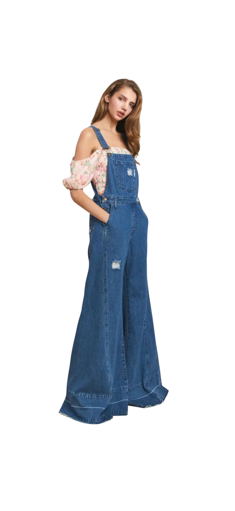 WIDE LEG DISTRESSED DENIM OVERALLS