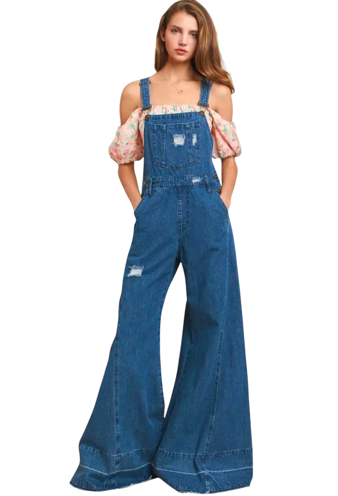 WIDE LEG DISTRESSED DENIM OVERALLS
