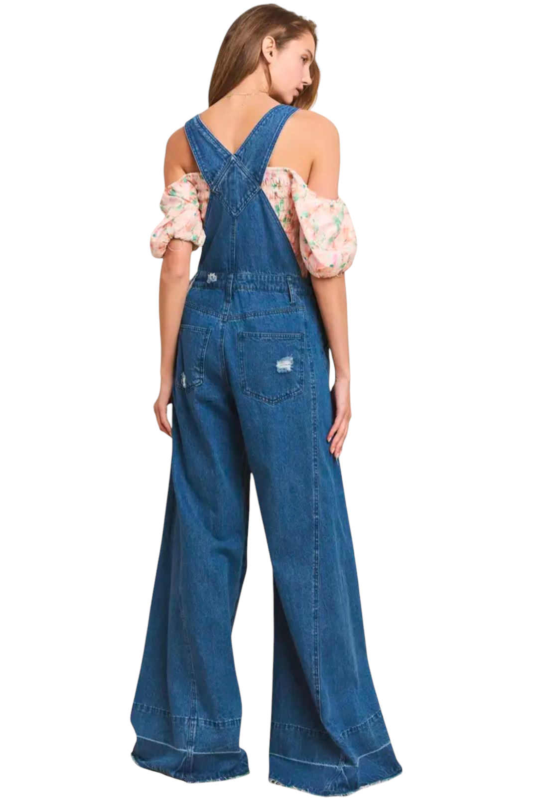 WIDE LEG DISTRESSED DENIM OVERALLS