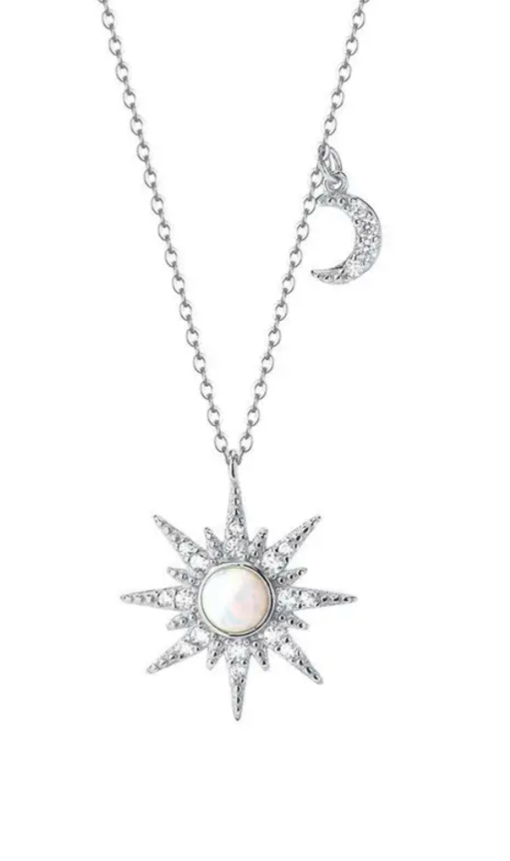 Opal Sun Moon Pendant Necklace in 925 Sterling Silver: Gold