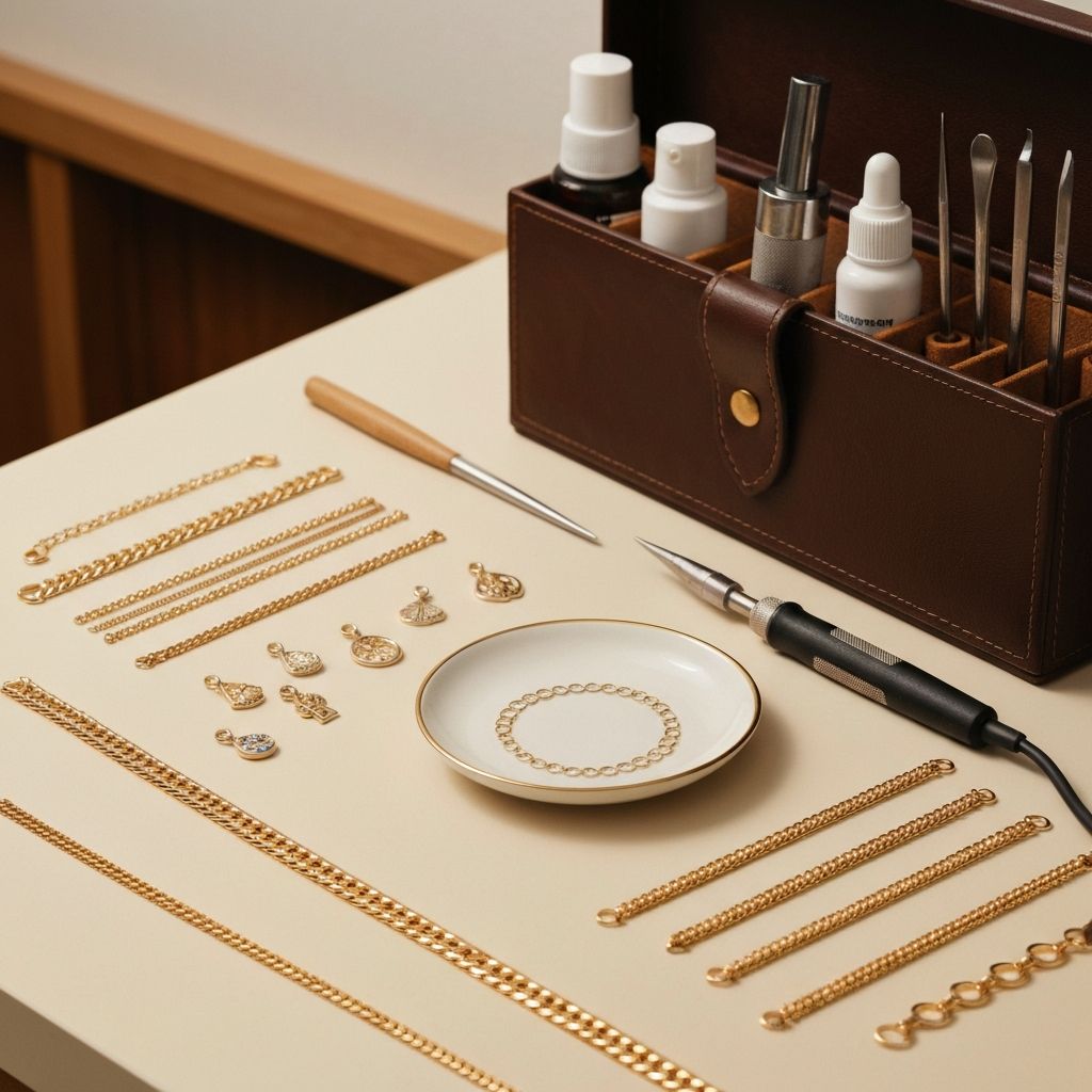 Permanent jewelry workspace with chains, charms, and welder