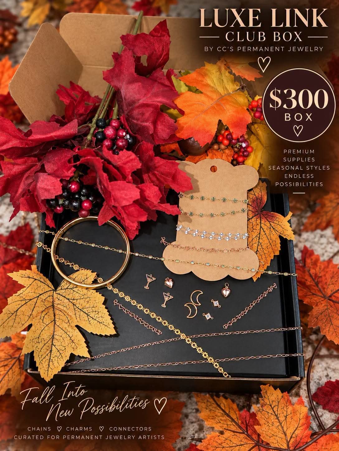 The $300 Luxe Link Club box: a full spread of gold, silver and rose gold chains, a bangle, heart, moon, cocktail and crystal charms surrounded by autumn leaves.